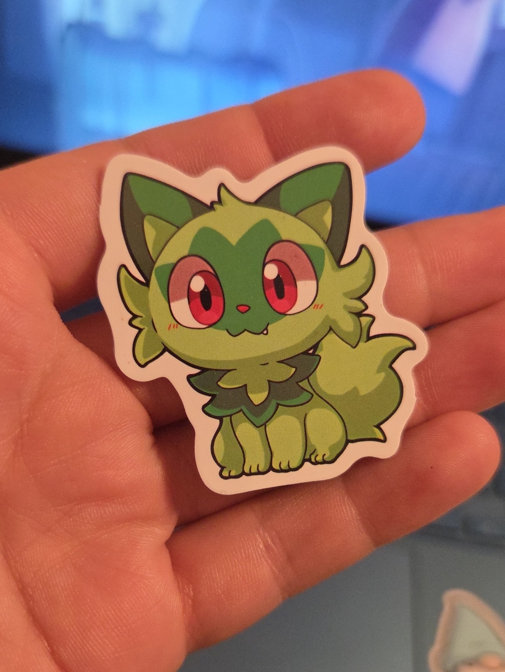 Pokemon Green Chibi Fox Sticker with Pink Eyes